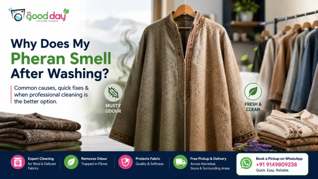 Woollen pheran being professionally cleaned to remove odor