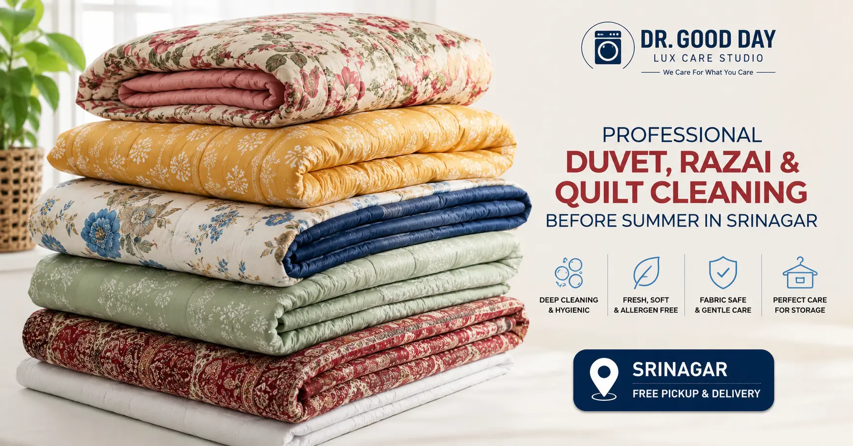 Professional duvet, razai and quilt cleaning service before summer in Srinagar by Dr Good Day Lux Care Studio"