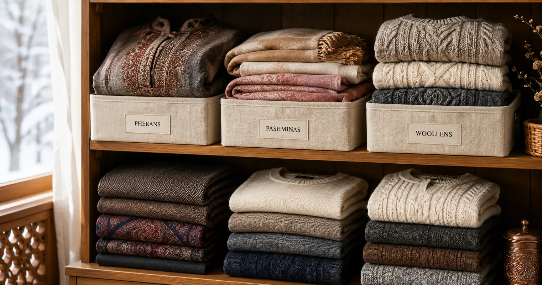 Properly folded and cleaned winter clothes ready for storage in Kashmir — pherans, pashminas, and woollens