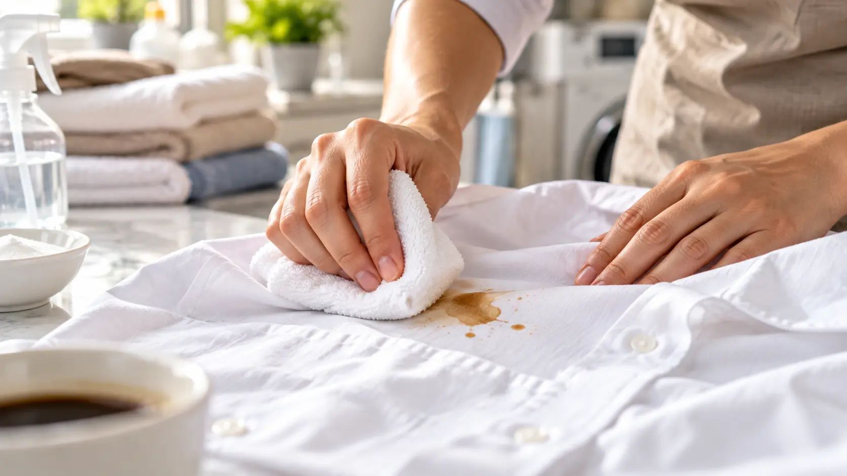 Blotting a coffee stain from a shirt