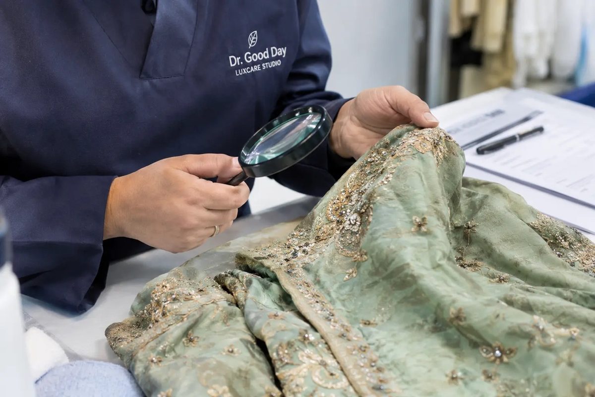 Dr. Good Day expert examining embroidered fabric with a magnifying glass during garment inspection