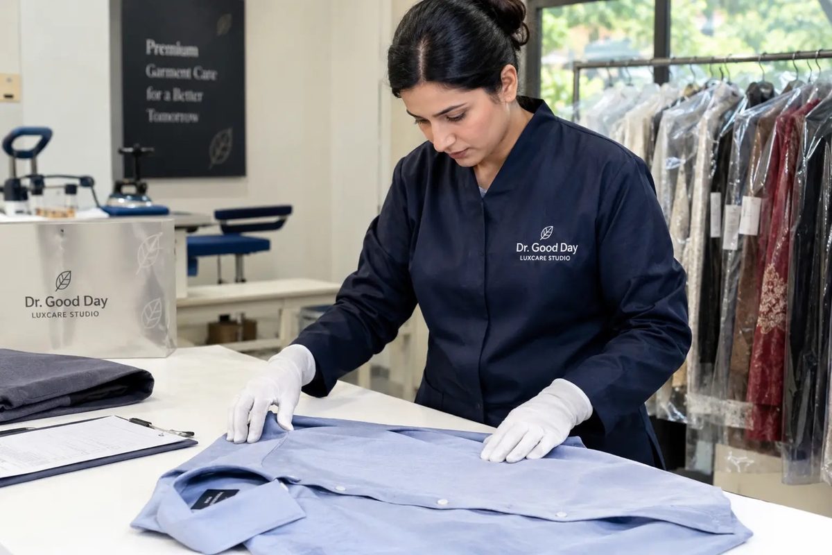 Dr. Good Day team member performing a careful quality check on a folded shirt before delivery