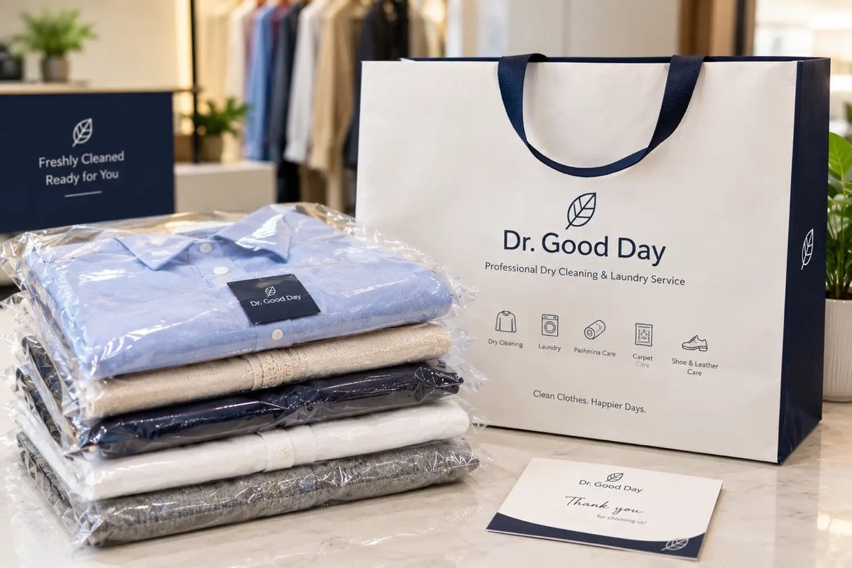 Freshly cleaned and neatly packed clothes next to a Dr. Good Day bag, ready for delivery